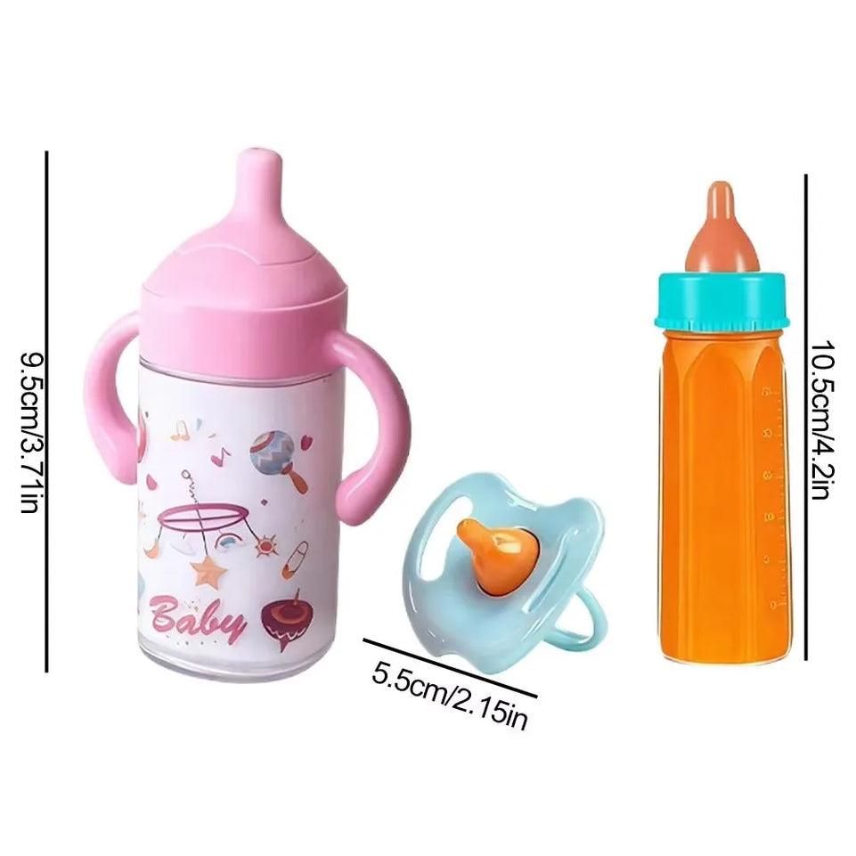 Baby Doll Accessories Set 7Pcs Feeding Caring Set Disappearing Bottles Pacifier Diapers Bibs Doll Milk Bottles Pretend Play Gift