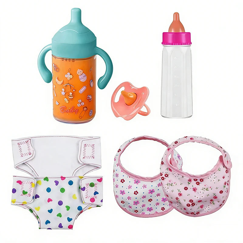 Baby Doll Accessories Set 7Pcs Feeding Caring Set Disappearing Bottles Pacifier Diapers Bibs Doll Milk Bottles Pretend Play Gift