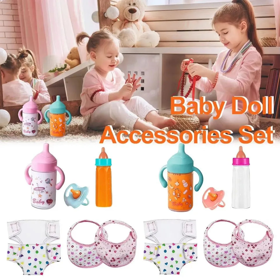 Baby Doll Accessories Set 7Pcs Feeding Caring Set Disappearing Bottles Pacifier Diapers Bibs Doll Milk Bottles Pretend Play Gift