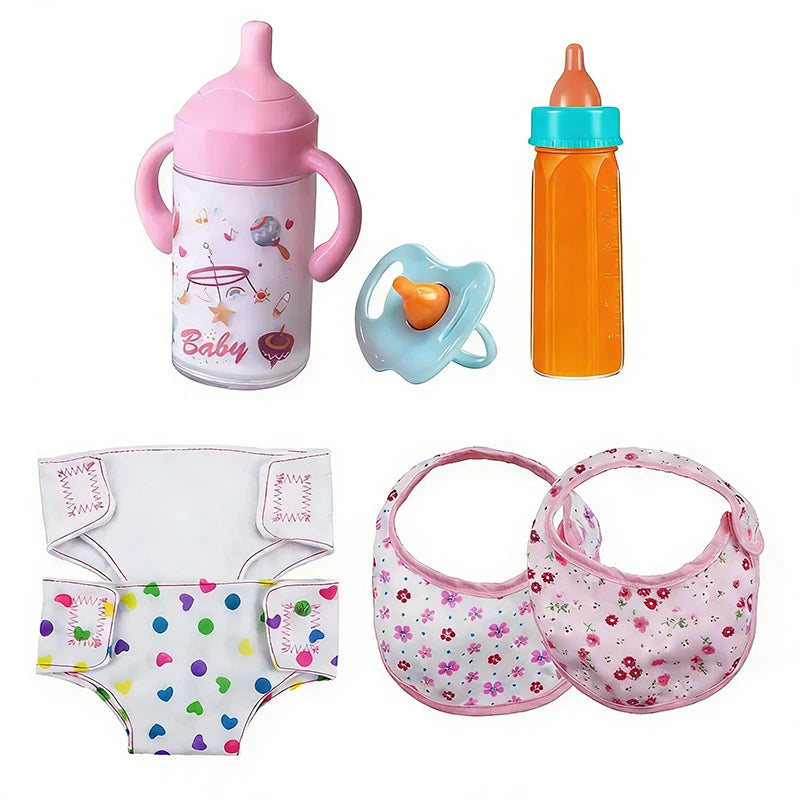 Baby Doll Accessories Set 7Pcs Feeding Caring Set Disappearing Bottles Pacifier Diapers Bibs Doll Milk Bottles Pretend Play Gift