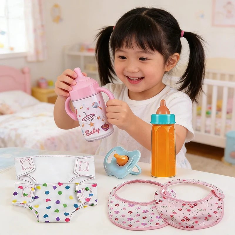 Baby Doll Accessories Set 7Pcs Feeding Caring Set Disappearing Bottles Pacifier Diapers Bibs Doll Milk Bottles Pretend Play Gift
