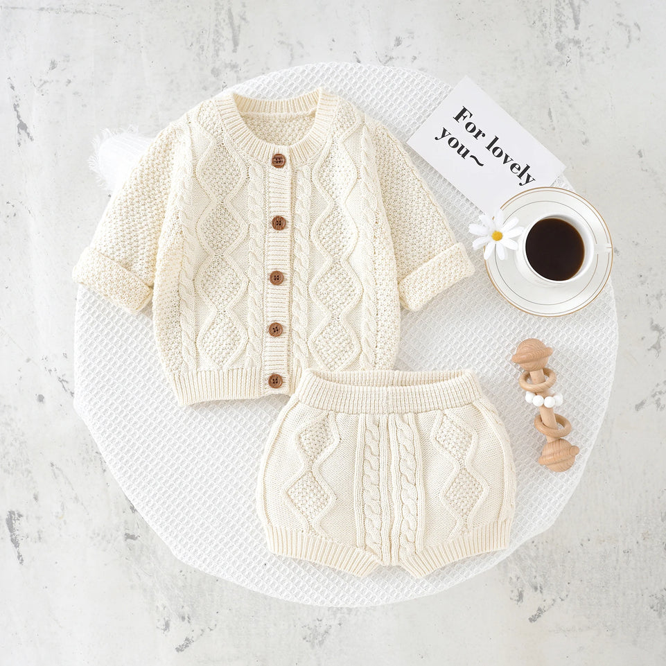 Baby Clothes Sets Cotton Knitted Newborn Boys Girl Sweater Long Sleeve +Pants Autumn Infant Children Cardigan +Shorts 0-18M 2PCS