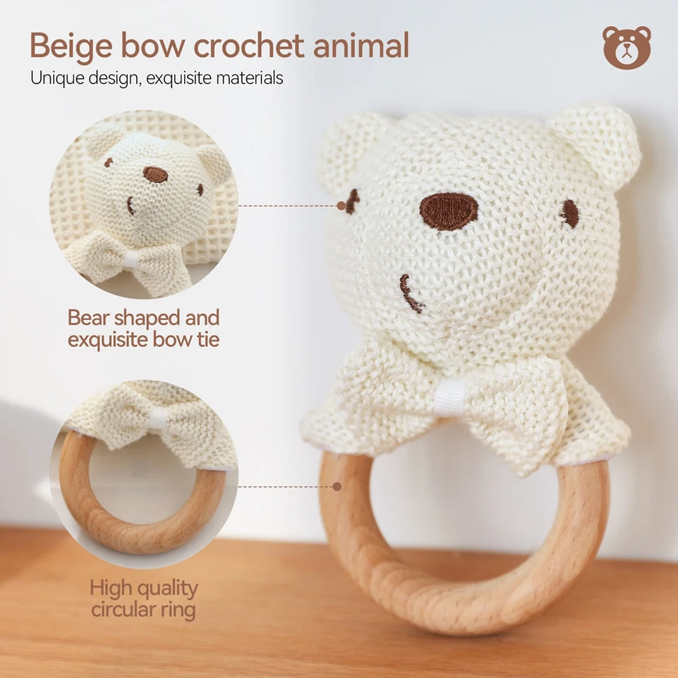 Baby Rattle Toys Cute Bear Crochet Animal Toys Cartoon Wooden Teether Baby Mobile Crib Product Wooden Newborn Rattle Toys